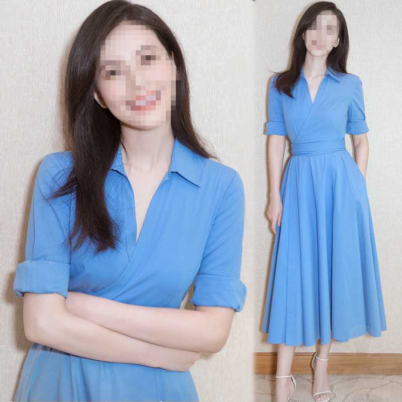 Gao Yuanyuan star with the same style 23 Amoi Slim Slim OL Professional Lace Short Sleeve Waist Ladies Shirt Dress