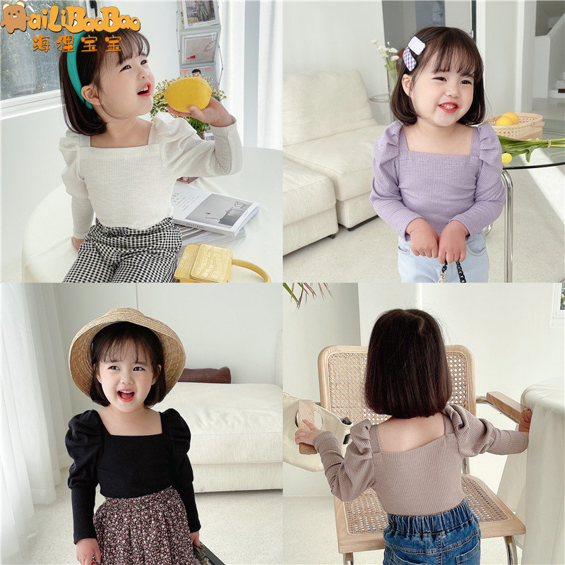 Girl Bubble Sleeveless Jersey Undershirt 2021 New Spring Long Sleeve Foreign Pie Girl Han Edition Pure Color Sweet US Collar Blouse