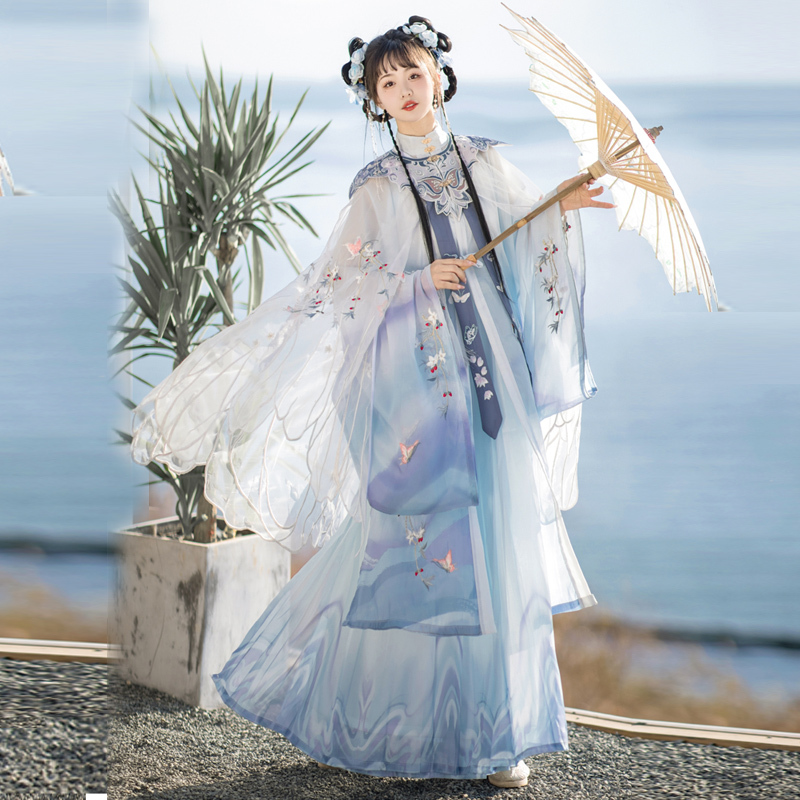 Shangyunxi Yubutterfly Original Hanfu for Women, Ming-Style Cloud-Shoulder, Waist-Length Pleated Skirt, Lightweight Sheer Cape with Embroidery for Mid-Autumn Festival, Spring and Summer