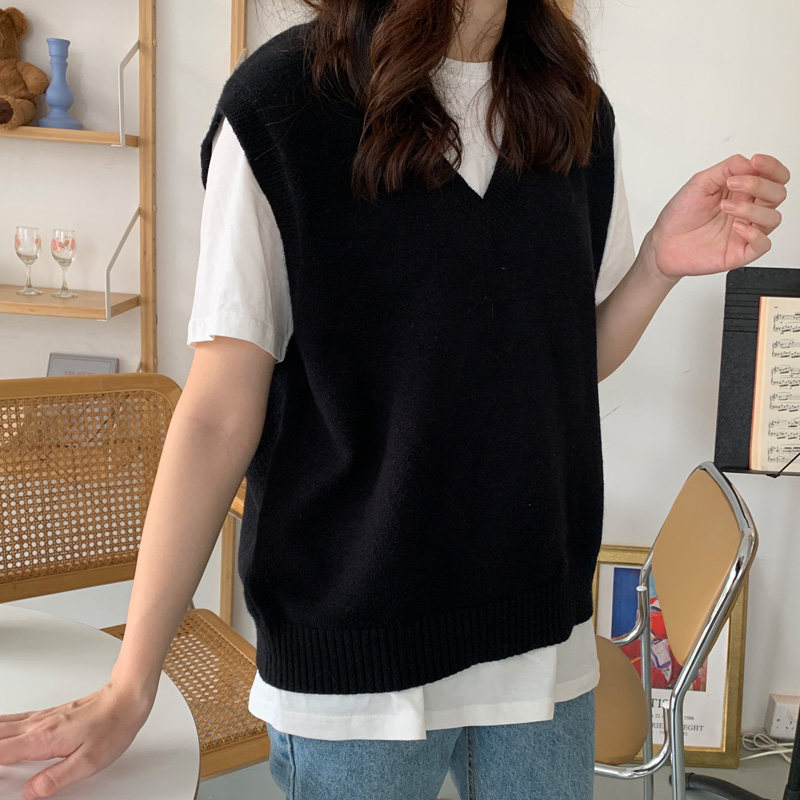 2020 new fall V collar sweater primary autumn black knit waistcoat jacket knit blouse female outwear