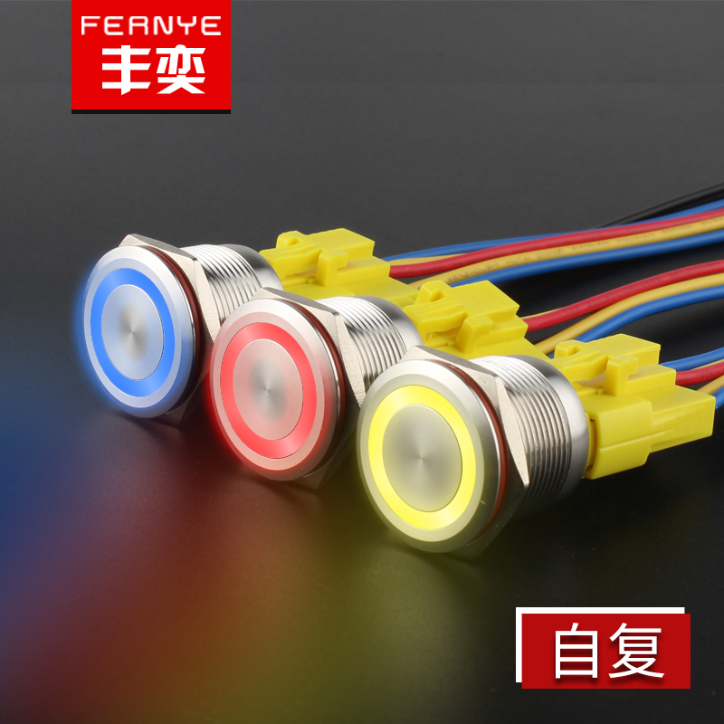 22mm metal push button switch flat head ring with lamp symbol self-reset small waterproof round fretting 5v220V