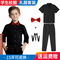 Childrens black strap pants suit boy white shirt short sleeve cotton student shirt summer dress British wind