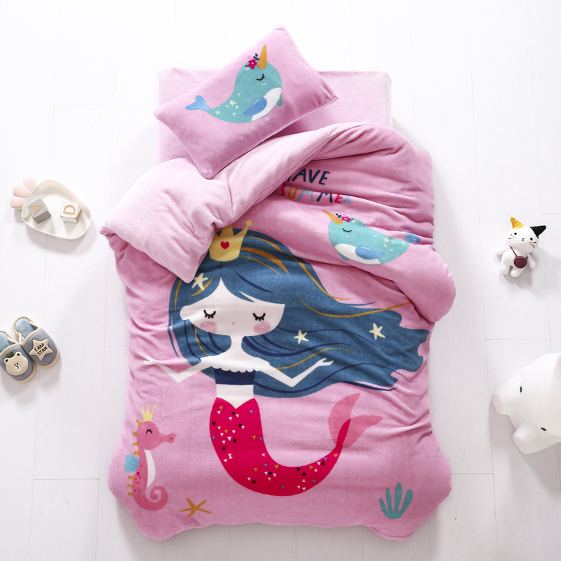 Children's kindergarten quilt three-piece thickened autumn and winter nap special cored cotton quilt cover baby coral velvet