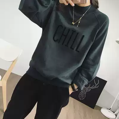 Hong Kong semi-high collar women's pullover 2021 autumn and winter New vintage green plus velvet thick warm loose top women