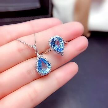 Aquamarine water drop necklace set, fashionable and versatile, yellow diamond, light blue earrings, colorful treasure living ring