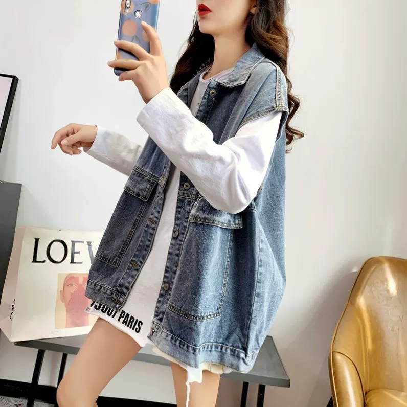 Lưới màu đỏ thủy triều mùa hè dụng cụ denim áo vest phụ nữ lỏng lẻo Áo khoác vest hàn quốc áo ghi lê nhỏ áo vest khoác ngoài - Áo vest