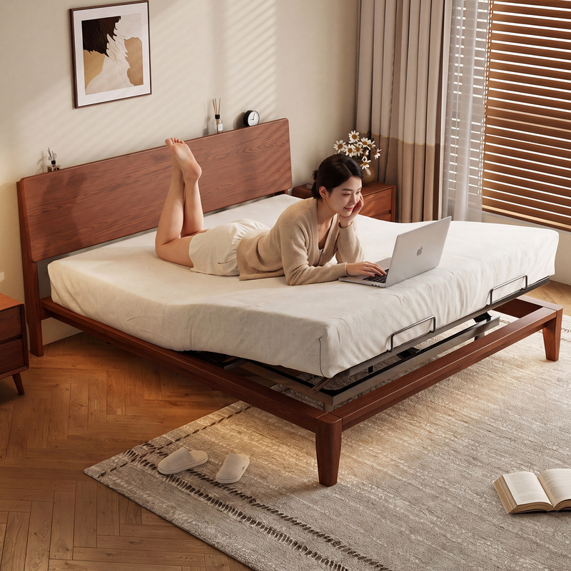 Ash Wood Solid Wood Bed, Automatic Adjustable Height, Home Electric Smart Bed, Multifunctional Massage and Heating, Assist Elderly to Get up