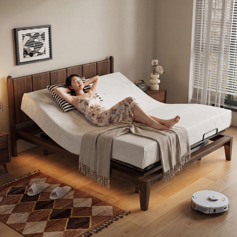 Electric Solid Wood Smart Bed, Retro Simple Multi-Functional Adjustable Bed, Ash Wood Black Technology Zero-Gravity Double Bed