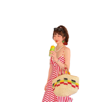 French Retro Red Striped Elegant Waist-Cinching Slimming Spaghetti Strap Dress Sexy Backless Island Travel Vacation Dress