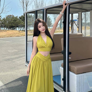 Island Vacation Resort Beach Dress for Women, Summer Elegant High-End Sexy V-Neck Backless Waist-Cinching Halter Neck Long Dress