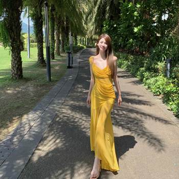 Thailand Vacation Travel Photo Shoot Beach Dress Pure and Sexy Mesh Off-Shoulder Strap Dress Slim Fit Bodycon Long Dress