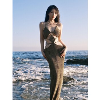 Beautiful Beach Dress for Island Vacation Photoshoots, Sexy Cut-Out Backless Waist-Cinching Long Spaghetti Strap Dress