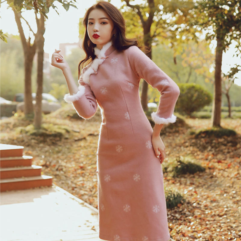 Huaxieli cheongsam autumn 2021 new winter imitation rabbit hair improved long sleeve autumn young maiden of the Republic of China