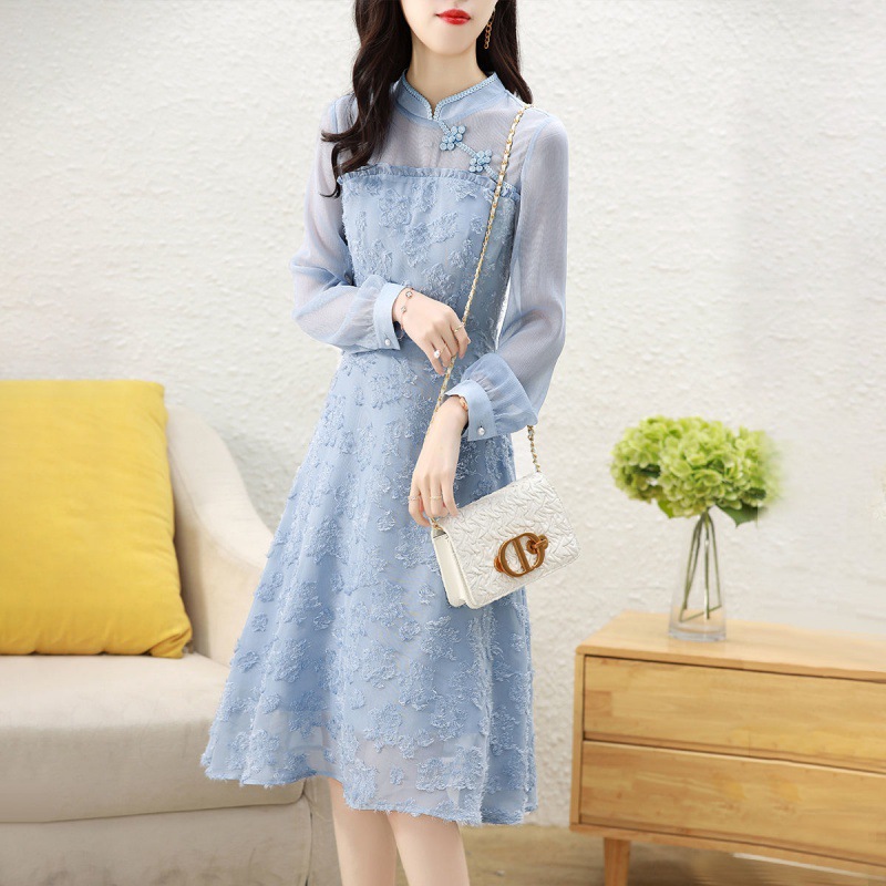 Improved cheongsam women's spring 2021 new foreign style fashion long version slim embroidery stitching skirt dress