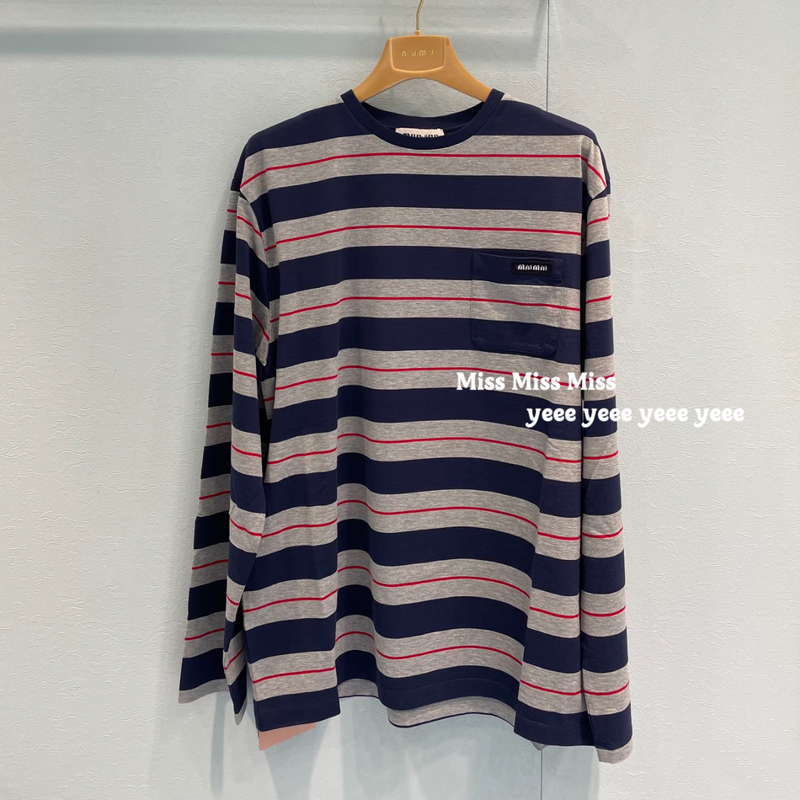 Miss~In Stock 25 Early Autumn New Models Miu-Style Striped Patchwork Round Neck Long-Sleeve T-Shirt Unisex Miss~In Stock 25 Early Autumn New Models Miu-Style Striped Patchwork Round Neck Long-Sleeve T-Shirt Unisex