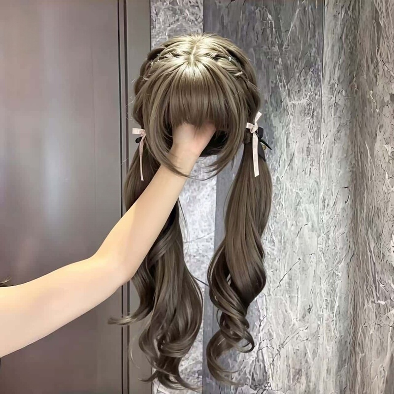 Japanese Style Wig for Women 72cm Roman Curls Hazelnut Gray-Brown Long Curly Hair with Bangs Natural Style Lolita Soft Cute Sweet Girl Japanese Style Wig for Women 72cm Roman Curls Hazelnut Gray-Brown Long Curly Hair with Bangs Natural Style Lolita Soft Cute Sweet Girl