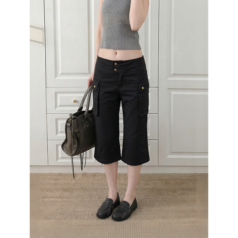 2Te American-Style Workwear Large Pocket Black Cropped Pants for Petite Women, Summer Casual Pants, Mid-Length Pants, High-Waisted Flared Pants