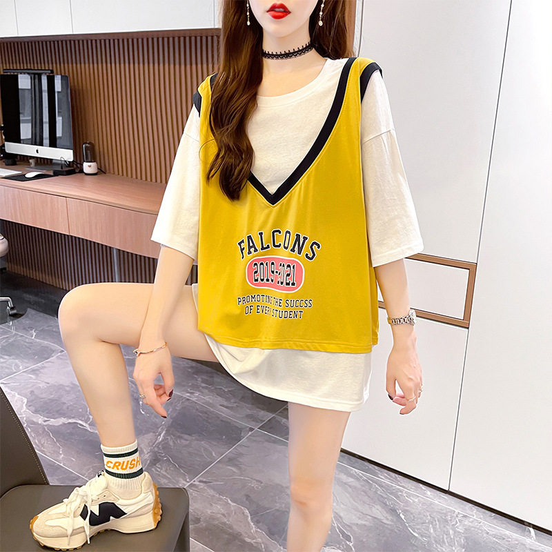 Pregnant women's tops in long t-shirt women's Han version fake two vest letters in loose large code short sleeve female summer fashion