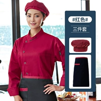 Красный лонгслив, черный фартук, берет, английский