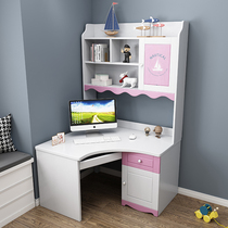 Modern simple pink solid wood childrens desk bookshelf one-piece combination Household corner right angle writing desk Computer desk