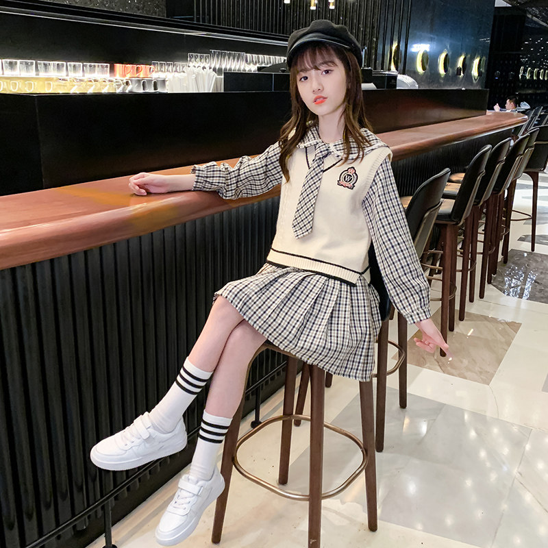 Girl Foreign Dress 2022 New Foreign Pie Children Spring Suit Dress Nets Red Great Boy Academy Wind Spring Dress Skirt Tide