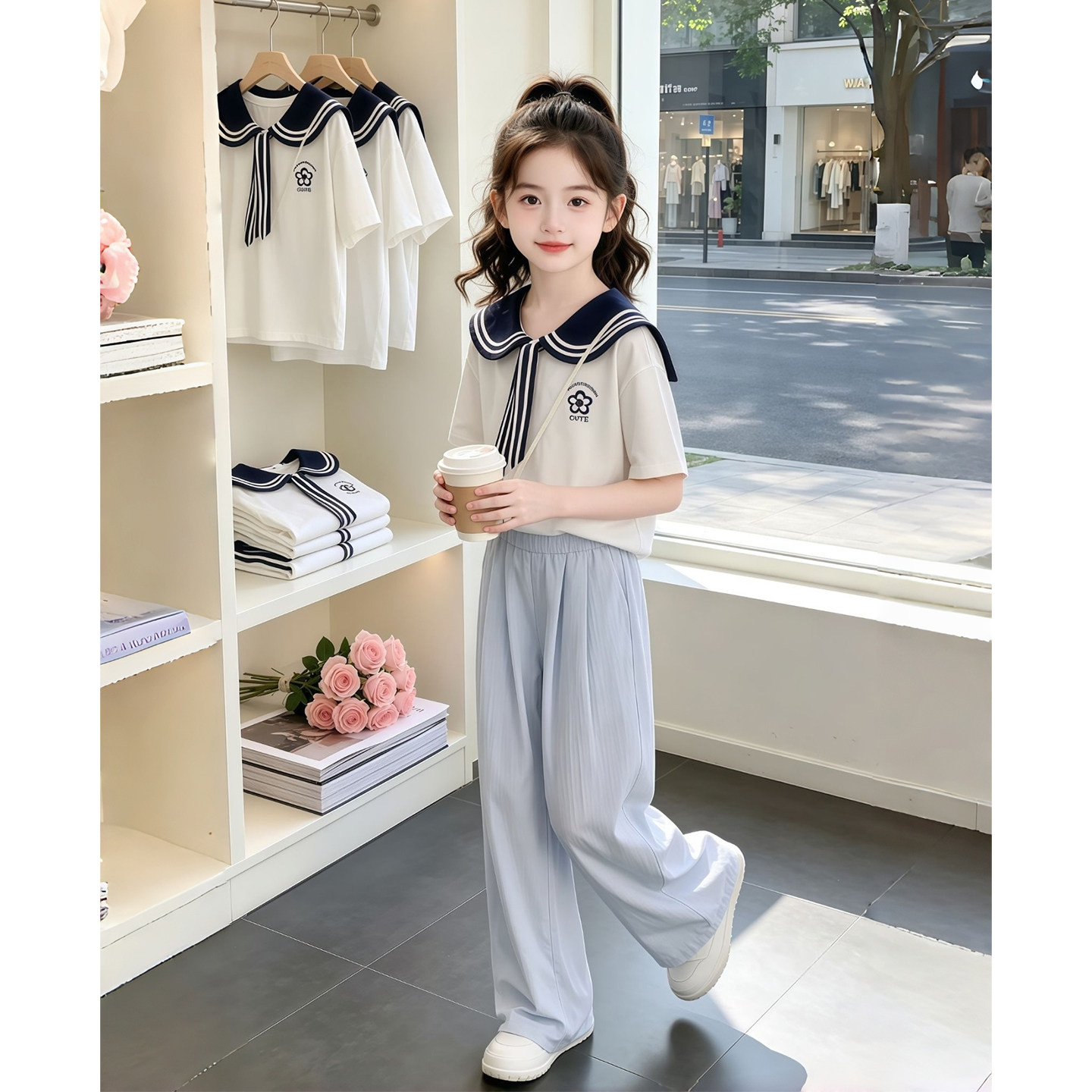 Girls' Summer Outfit 2026 New Stylish Children's Summer Short-Sleeve T-Shirt Set for Girls, Fashionable Casual Two-Piece Set for Summer — 4