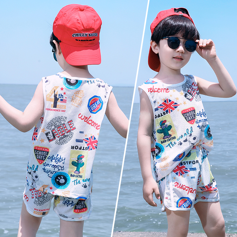 Chàng trai vest không tay phù hợp với lưới mùa hè quần short nhanh khô siêu mỏng thở trẻ em rỗng của mỏng Hàn Quốc phiên bản của cậu bé.