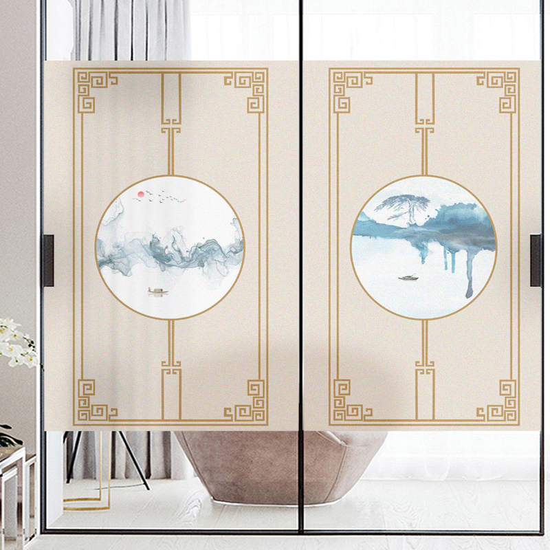 Chinese style window sticker anti-light custom landscape painting Living room Balcony push-pull sliding door Anti-collision glass adhesive film shading