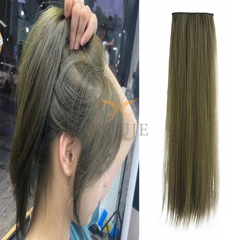 Fake Hair Extensions, Realistic Hair, Dull Green Long Straight Hair Extensions, Seamless Hair Pads, Green-Brown-Green Fluffy Hair Extensions That Make Hair Look Whiter