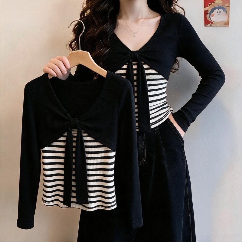 Bow-Tie Tie-Up Faux Two-Piece Patchwork Striped Color-Blocked Base Shirt for Women, Suitable for Autumn, Winter, and Spring, Long-Sleeve T-Shirt for Layering