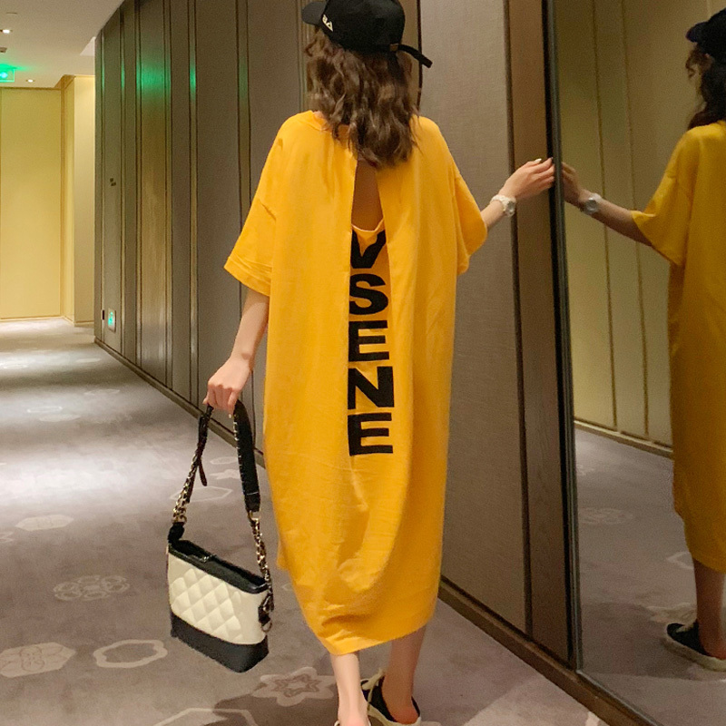 2026 Summer Korean Style Versatile Letter Print Mid-Length Loose Personality Dress with Hollow Back 2026 Summer Korean Style Versatile Letter Print Mid-Length Loose Personality Dress with Hollow Back