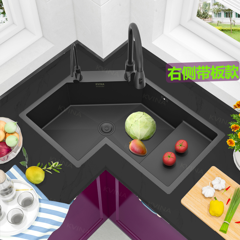 Kvina Corner Step Sink Thickeneded Sus304 Left and Right Side Thawing Board Multi-Purpose Dishwashing Sink