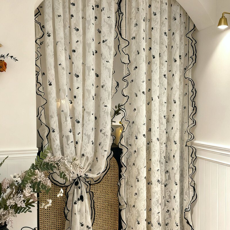 Rose Story Arched Door Curtain Vintage Fabric Mid-Century French Style Partition Curtain No-Drill Entryway Curtain Half Curtain