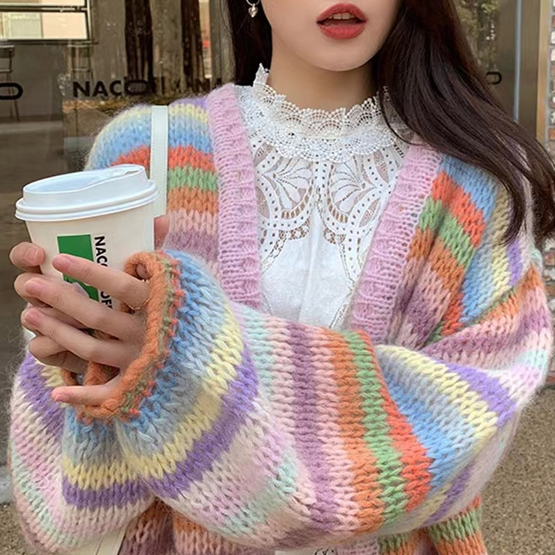 Striped Rainbow Sweater Cardigan for Women, Spring and Autumn Korean Style, Loose and Lazy Design, Chanel-Style Mohair Knit Jacket