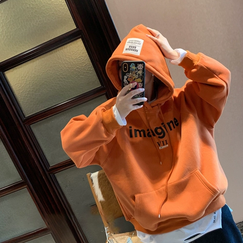 Оранжевая утепленная демисезонная сексуальная толстовка с капюшоном, коллекция 2023, в корейском стиле