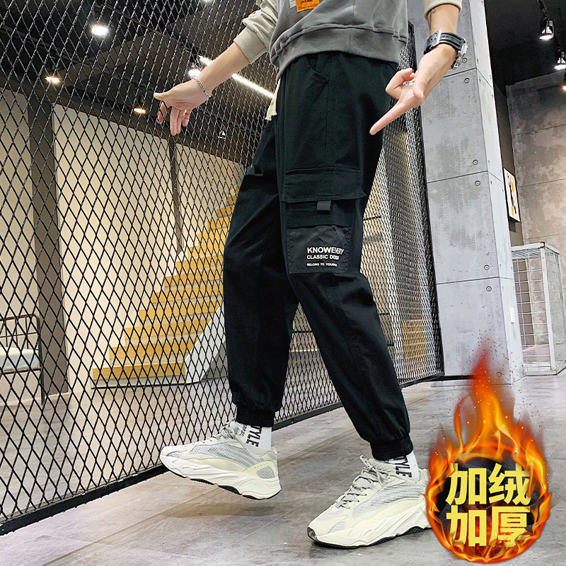 加绒裤子男士秋冬季韩版2019新款潮牌束脚休闲运动长裤潮流工装裤