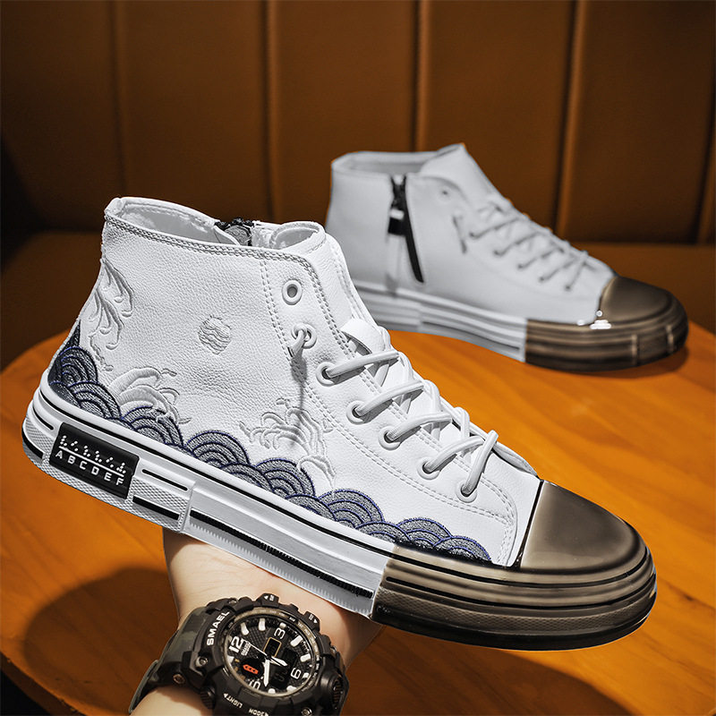 Eurostock 2022 Seasons New National Wind Embroidery Genuine Leather High Cylinder Board Shoes Men Individuality Casual Breathable Men's White Shoes