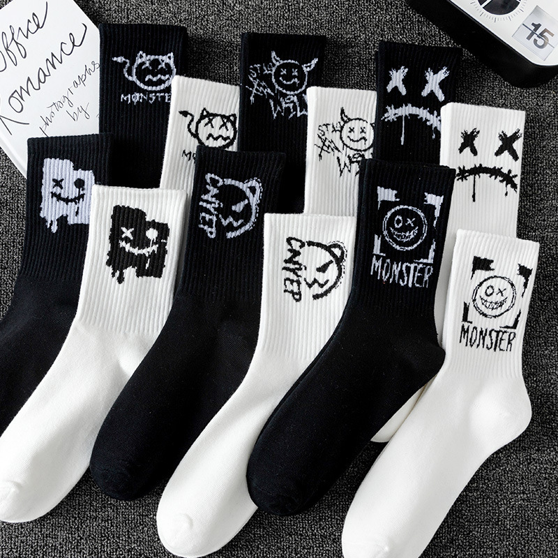 Men's Socks with Funny Faces, Couple Socks, Sports Basketball Cotton Socks, Autumn and Winter Black and White Long Socks, Men's Mid-Calf Socks