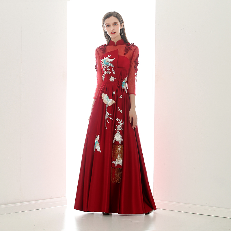 Evening dress, burgundy suhe traditional wedding dress, skirt, Chinese style, 2021 collection, fitted