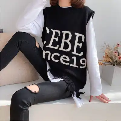 Knitted vest women 2019 autumn and winter New sweater vest loose students Korean style College wind wool shoulder horse clip