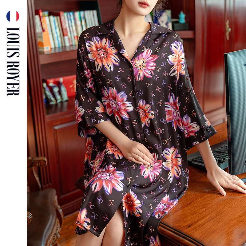 Louis Royer Summer Pearlescent Satin Neon Urban Shirt-Style Nightgown Women's Homewear Pajamas