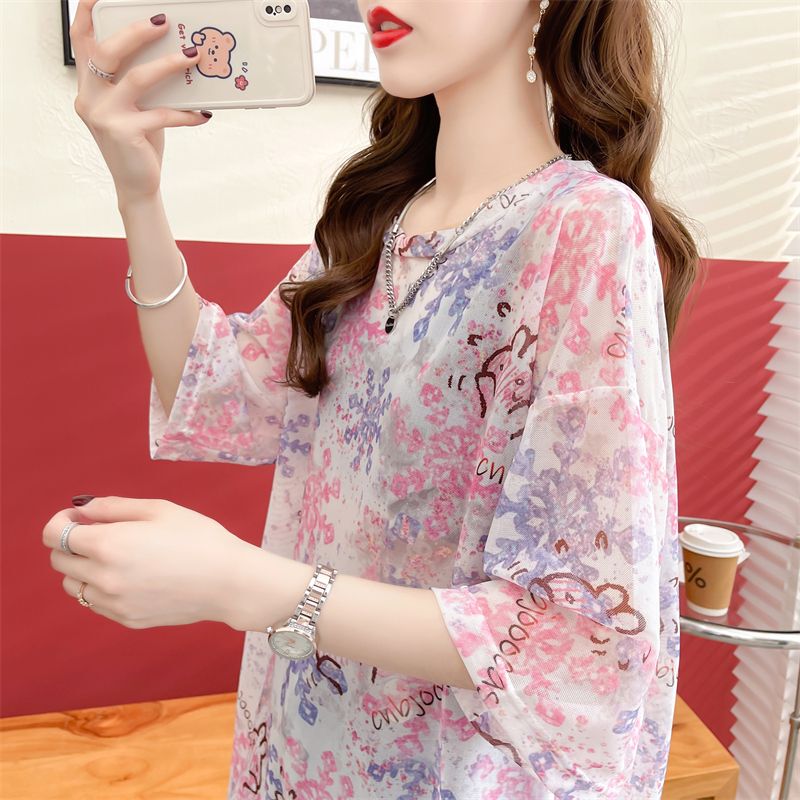 See-Through Thin Mesh Sun Protection Short-Sleeve T-Shirt for Women, Summer 2025 New Style, Plus-Size Loose Fit Slimming Top