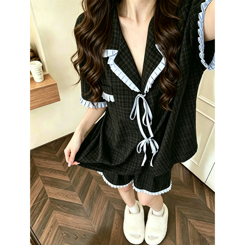 Super Popular Sweet Pajamas for Women 2026 Summer New Style Blue and Black Bow Short-Sleeved Shorts High-End Home Wear Set