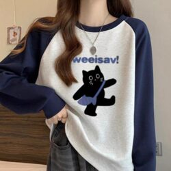Raglan Color-Blocked Hoodless Crewneck Sweatshirt for Girls, Suitable for Middle and High School Students, 2025 Spring and Autumn Thin Pullover Top
