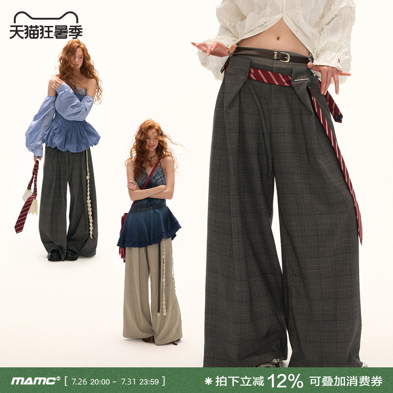 Mamc Double-Waist Plaid Trousers 2025 Autumn New Design Loose Straight Casual Pants High-End Trousers