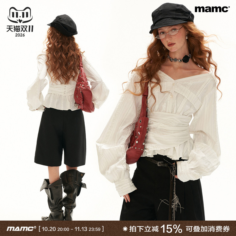 Mamc Ruffled Textured Faux Two-Piece Off-Shoulder Cinched Waist Shirt, White French High-End Autumn New Top Mamc Ruffled Textured Faux Two-Piece Off-Shoulder Cinched Waist Shirt, White French High-End Autumn New Top
