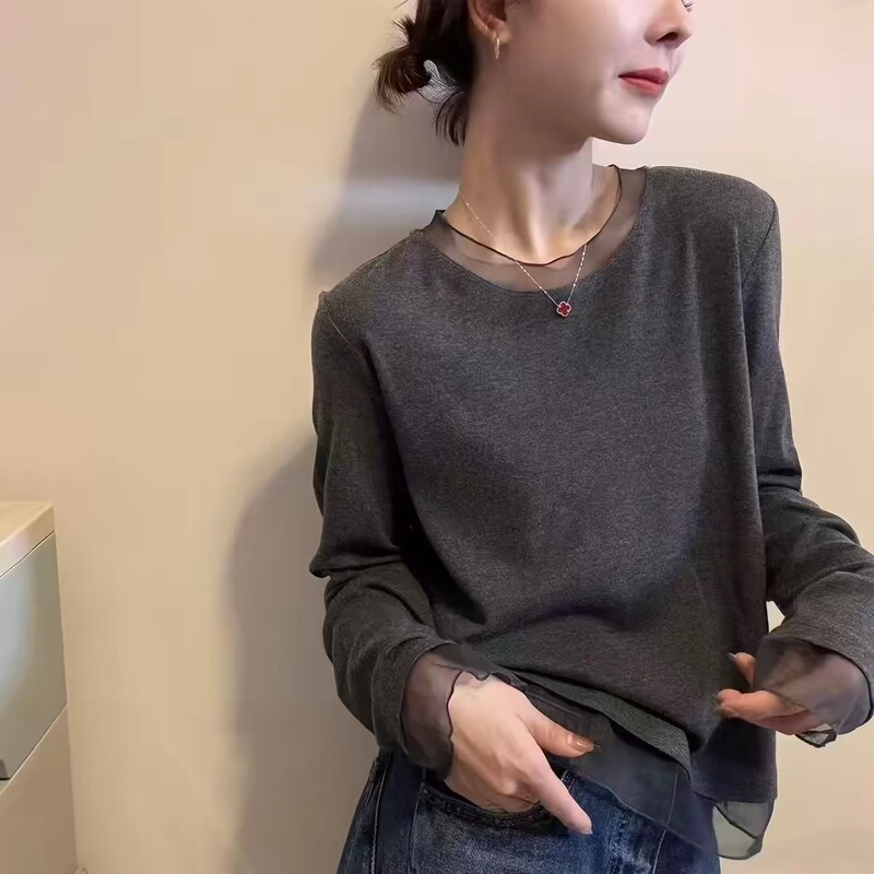 This Year's Trendy Hot-Selling Fake Two-Piece Lace Mesh Long-Sleeve T-Shirt for Women, Early Autumn New Style Patchwork Base Shirt Top Ins This Year's Trendy Hot-Selling Fake Two-Piece Lace Mesh Long-Sleeve T-Shirt for Women, Early Autumn New Style Patchwork Base Shirt Top Ins