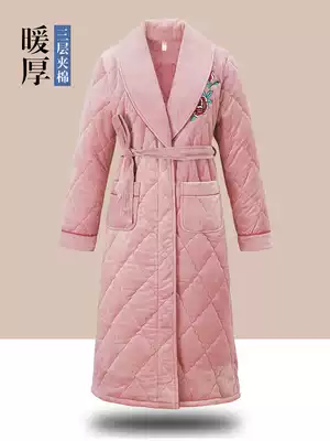 Take pure coral velvet Robe Women winter flannel three-layer cotton plus velvet padded long version cute warm home clothes