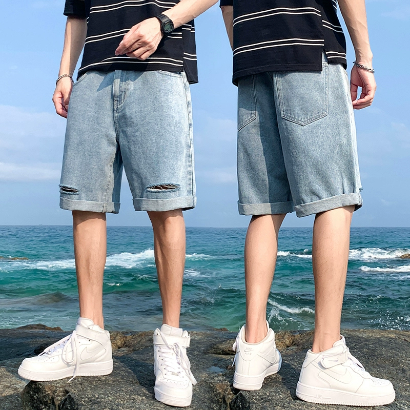 Quần short denim nam mùa hè mới giản dị cá tính thương hiệu thủy triều hoang dã quần năm điểm quần nam là cổ tích - Quần jean