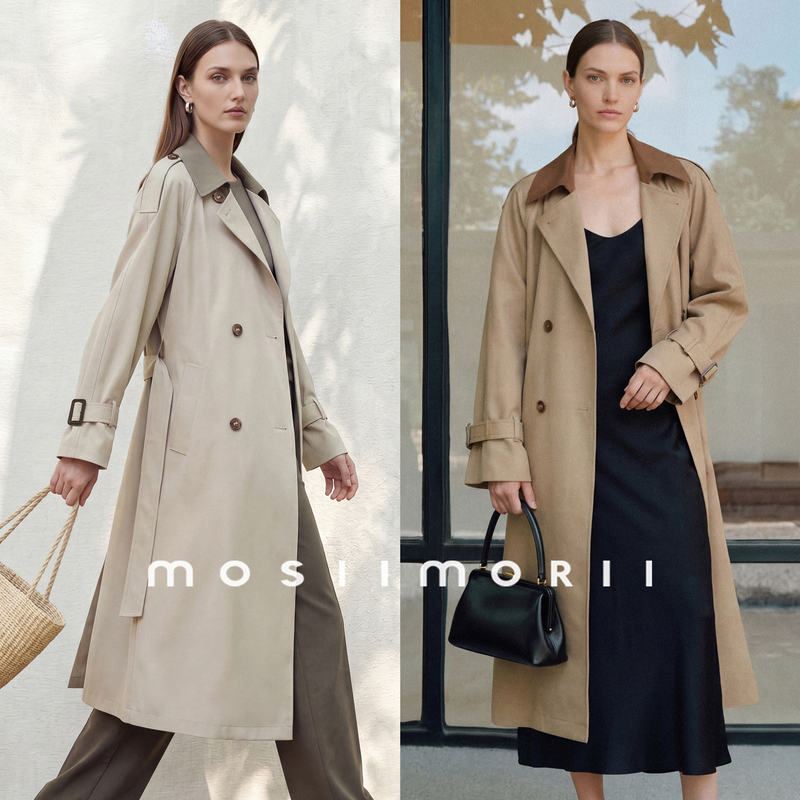 【West of the Old City】Mosiimorii Women's 2025 Spring Mid-Length Trench Coat with Contrasting Collar and a Sense of Sophistication 【West of the Old City】Mosiimorii Women's 2025 Spring Mid-Length Trench Coat with Contrasting Collar and a Sense of Sophistication